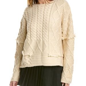 Avantlook Women’s Cream Beige Cable Knit Chunky Boho Fringe Sweater M